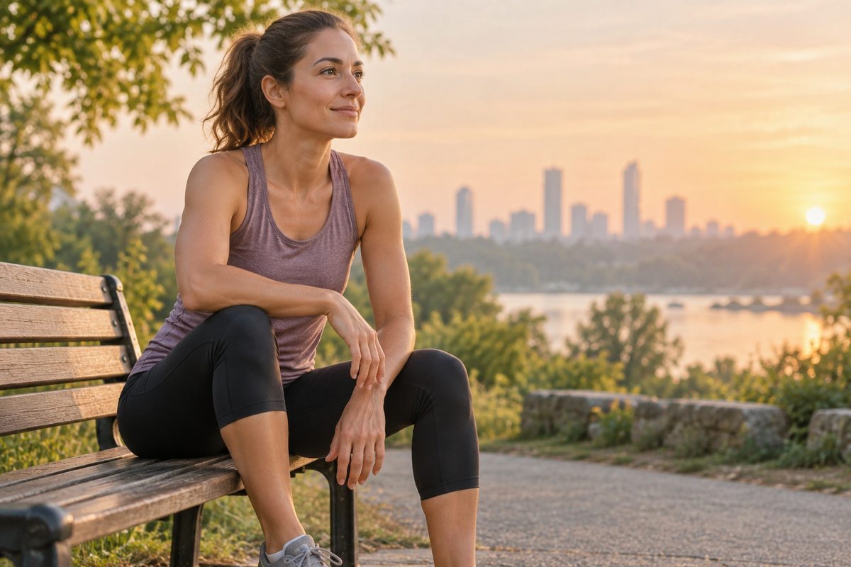 A runner sits on a bench at dawn resting a hand on her sore knee.